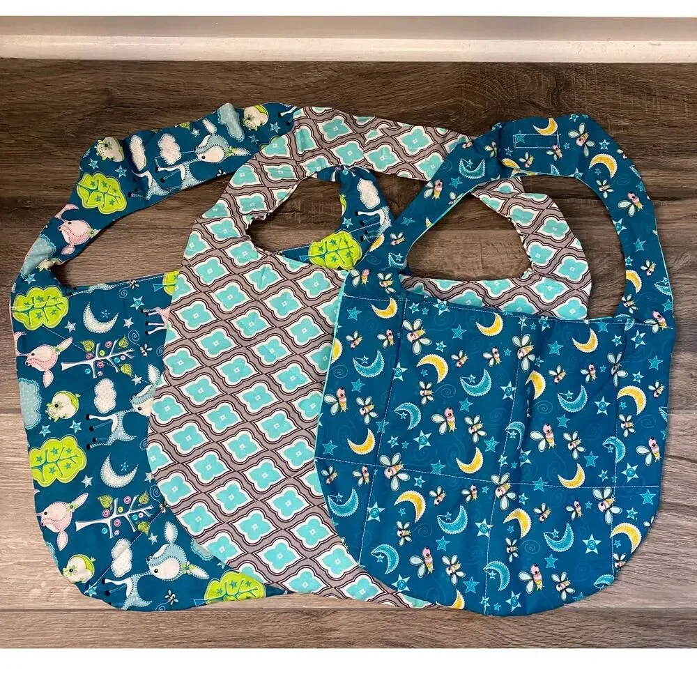 Handmade Set of 3 Childrens Baby Bibs Hook Loop Closure Large Fabric Quilted